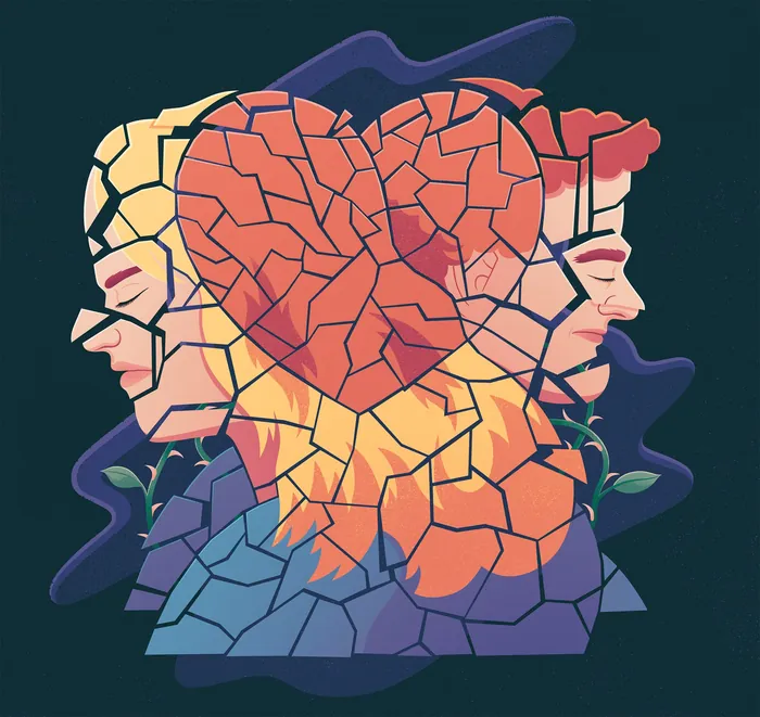 Two faces back-to-back with a cracked heart between them