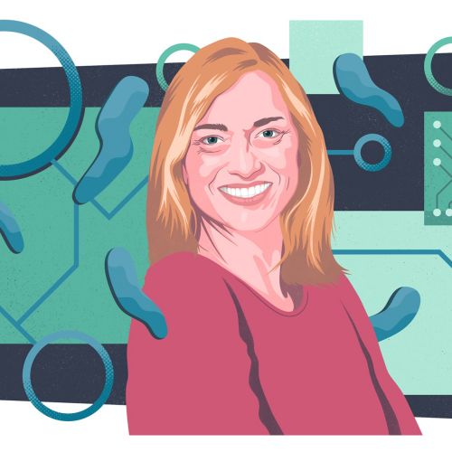 Illustration of a smiling woman with blonde hair and abstract tech background