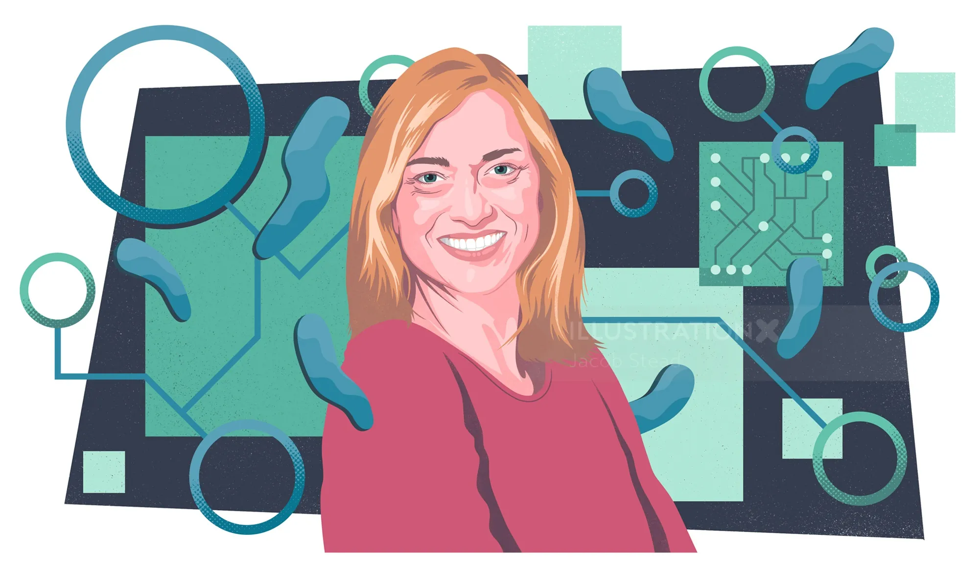 Illustration of a smiling woman with blonde hair and abstract tech background