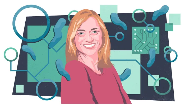 Illustration of a smiling woman with blonde hair and abstract tech background