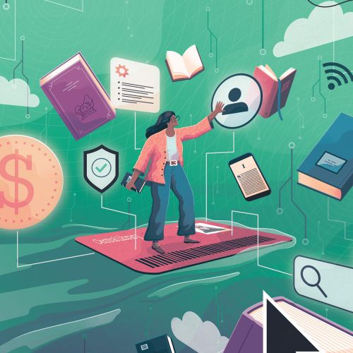 Person interacting with floating books and digital icons
