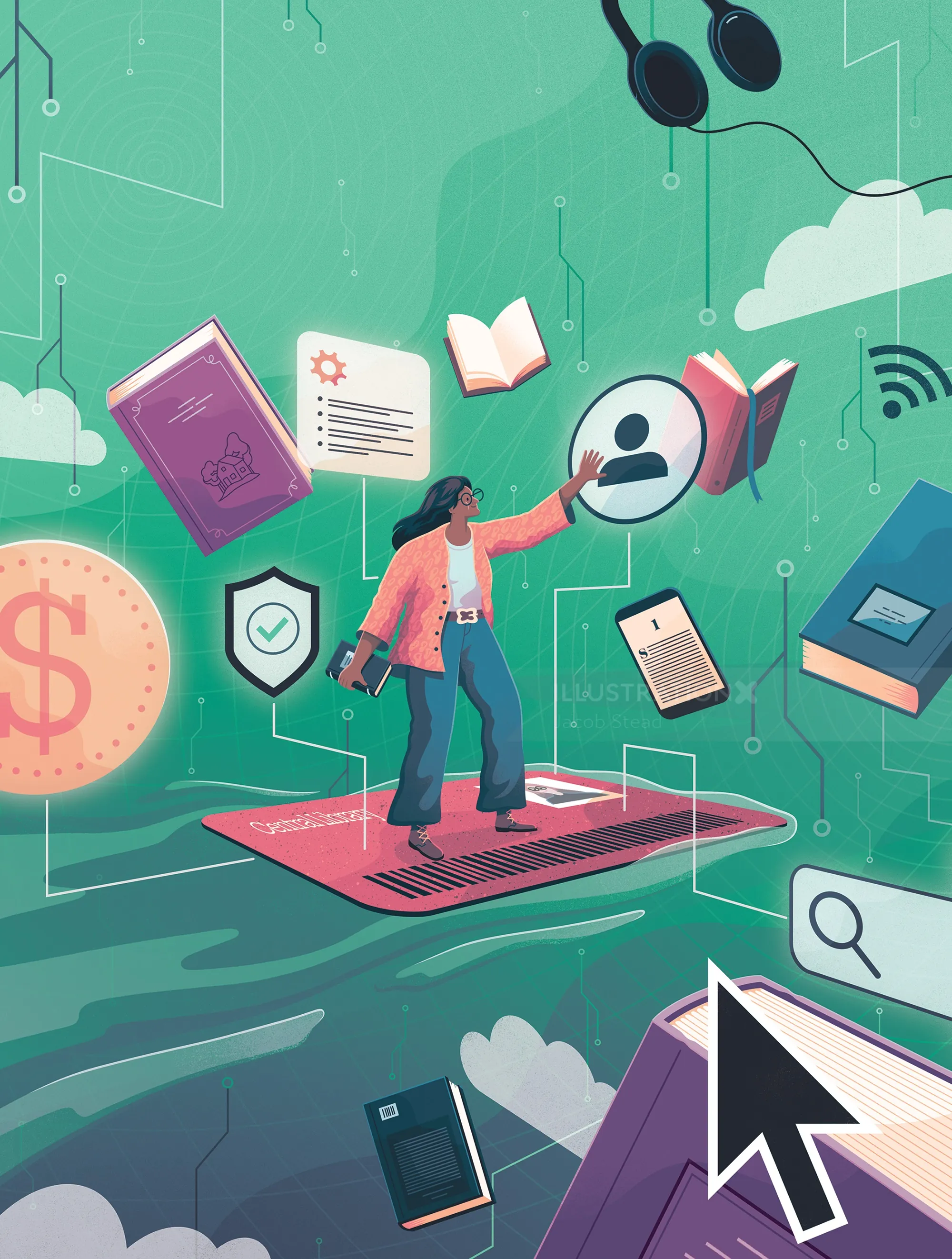 Person interacting with floating books and digital icons