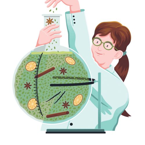 Scientist preparing a large round flask with herbs and spices