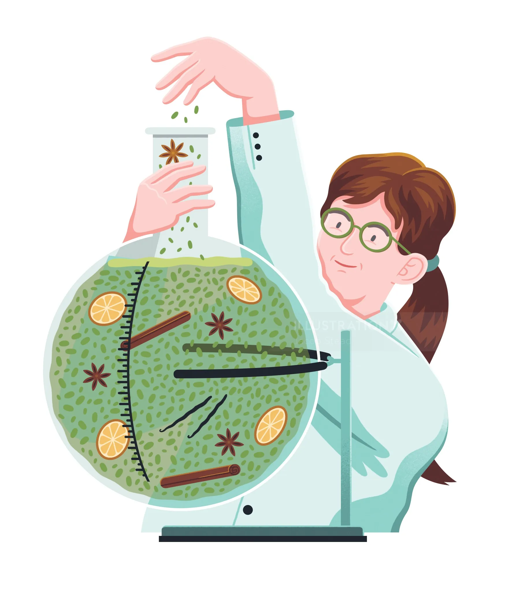 Scientist preparing a large round flask with herbs and spices