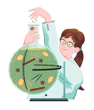 Scientist preparing a large round flask with herbs and spices