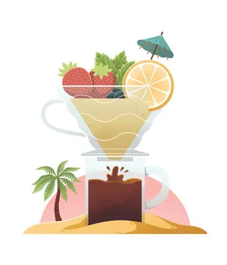 Filtered coffee with fruit and mint garnish in glass cup