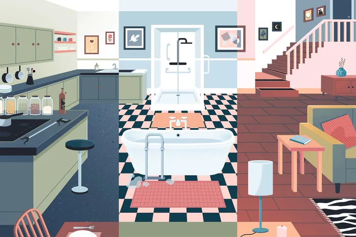 Cozy modern house interior with kitchen, bathroom, and living room