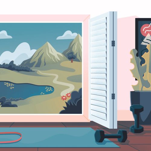 Open window showing mountains, lake, and hiking trail landscape