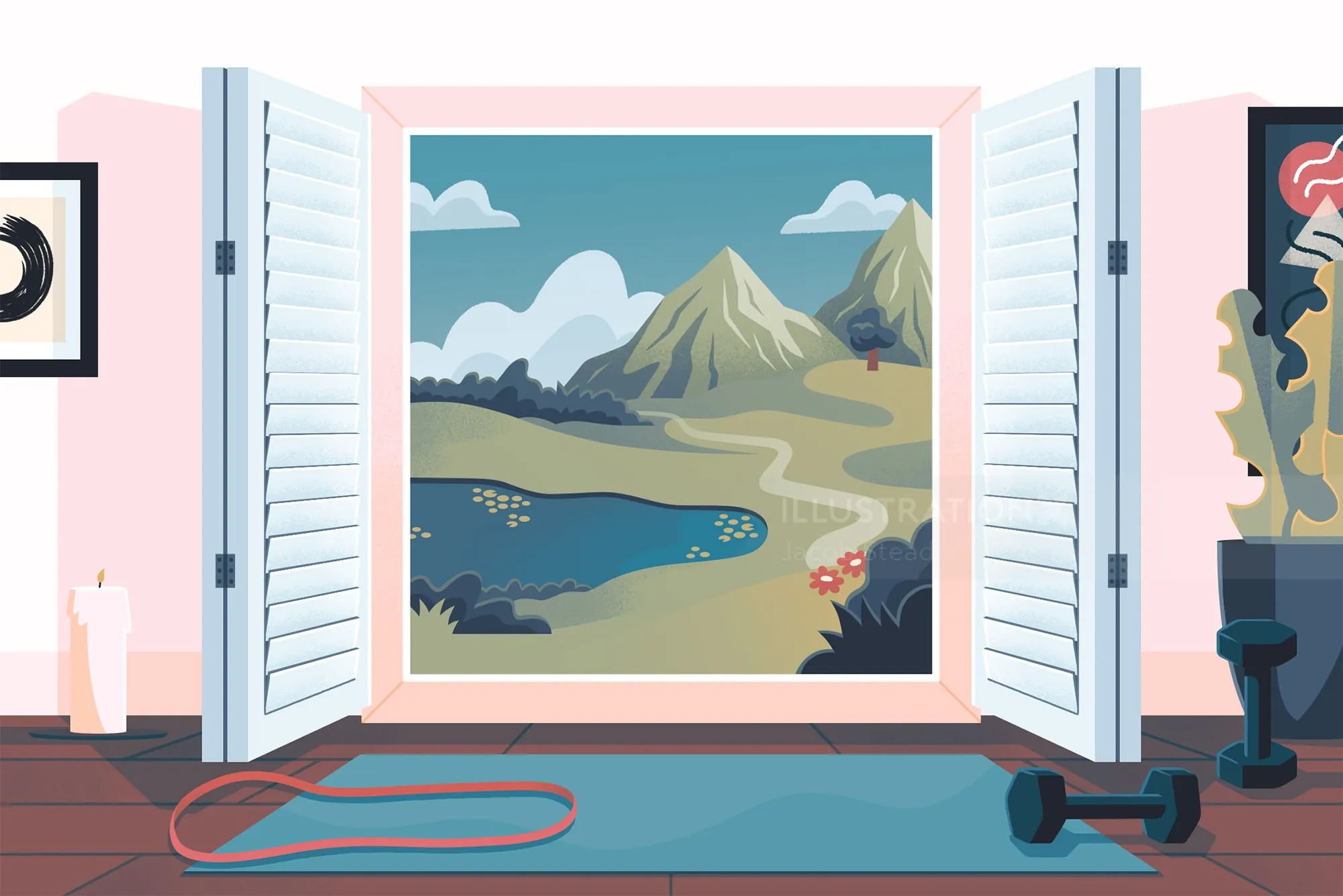 Open window showing mountains, lake, and hiking trail landscape