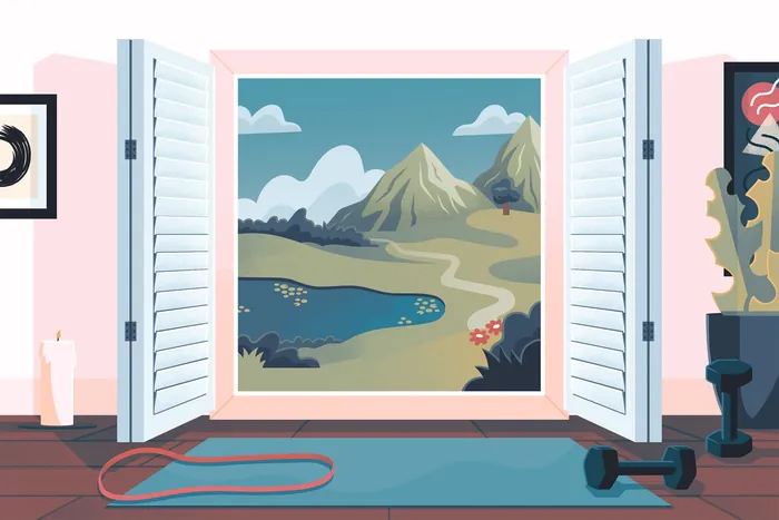 Open window showing mountains, lake, and hiking trail landscape