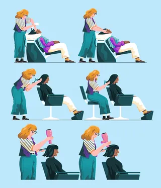 Hairdresser shampooing, cutting, and drying client's hair in salon