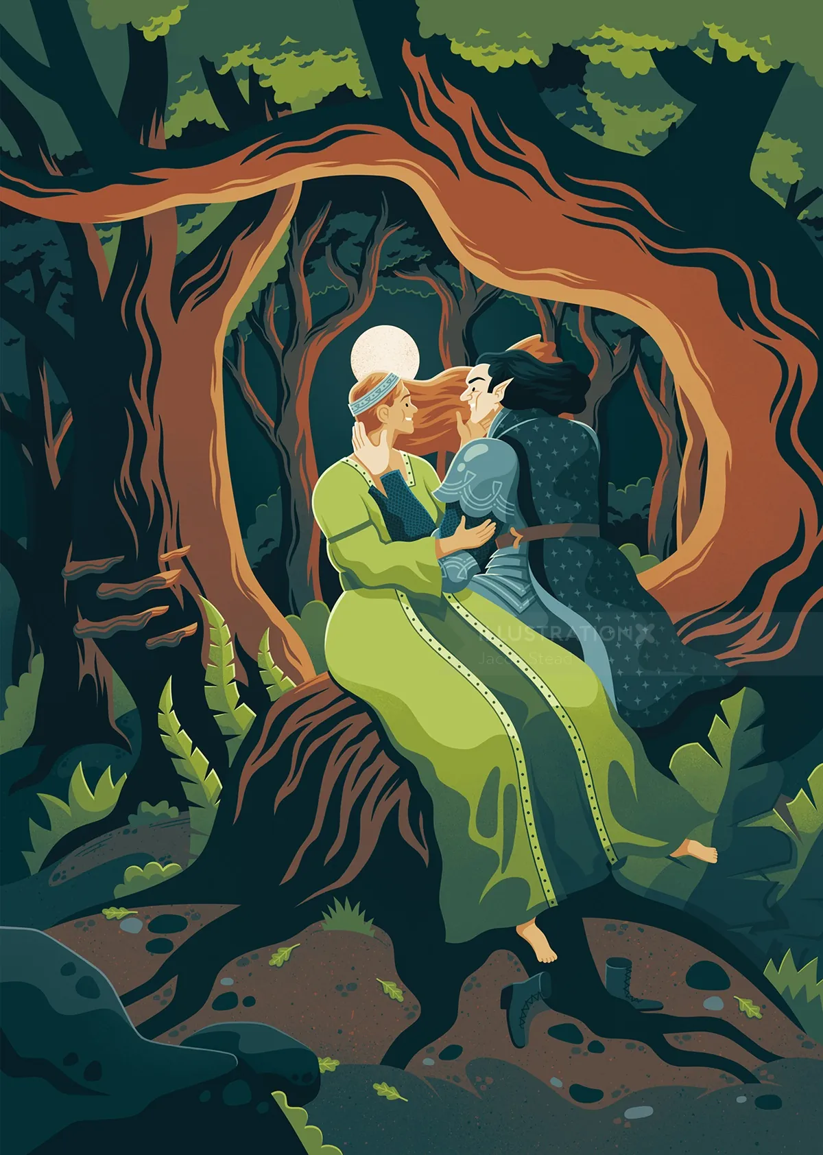 Couple kissing in a magical forest with twisting tree trunks