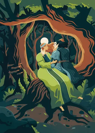 Couple kissing in a magical forest with twisting tree trunks