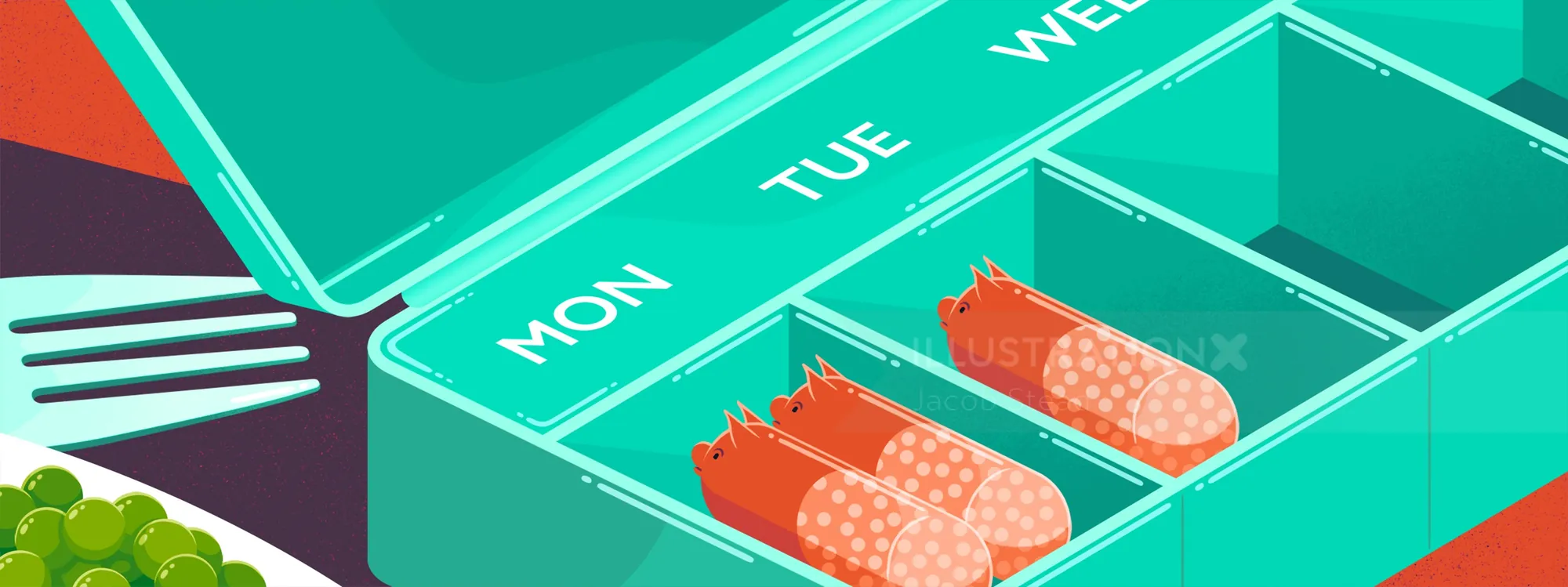 Weekly pill organizer with tablets and capsules for each day