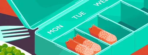 Weekly pill organizer with tablets and capsules for each day