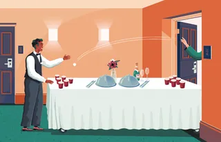 Man playing beer pong in a room with another person opening a door