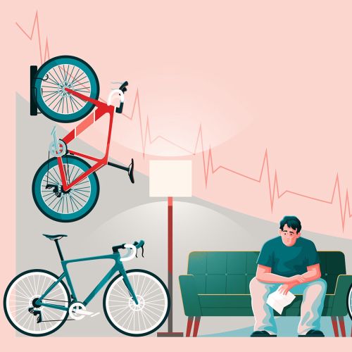 Man sitting on couch surrounded by four bikes with heartbeat line background