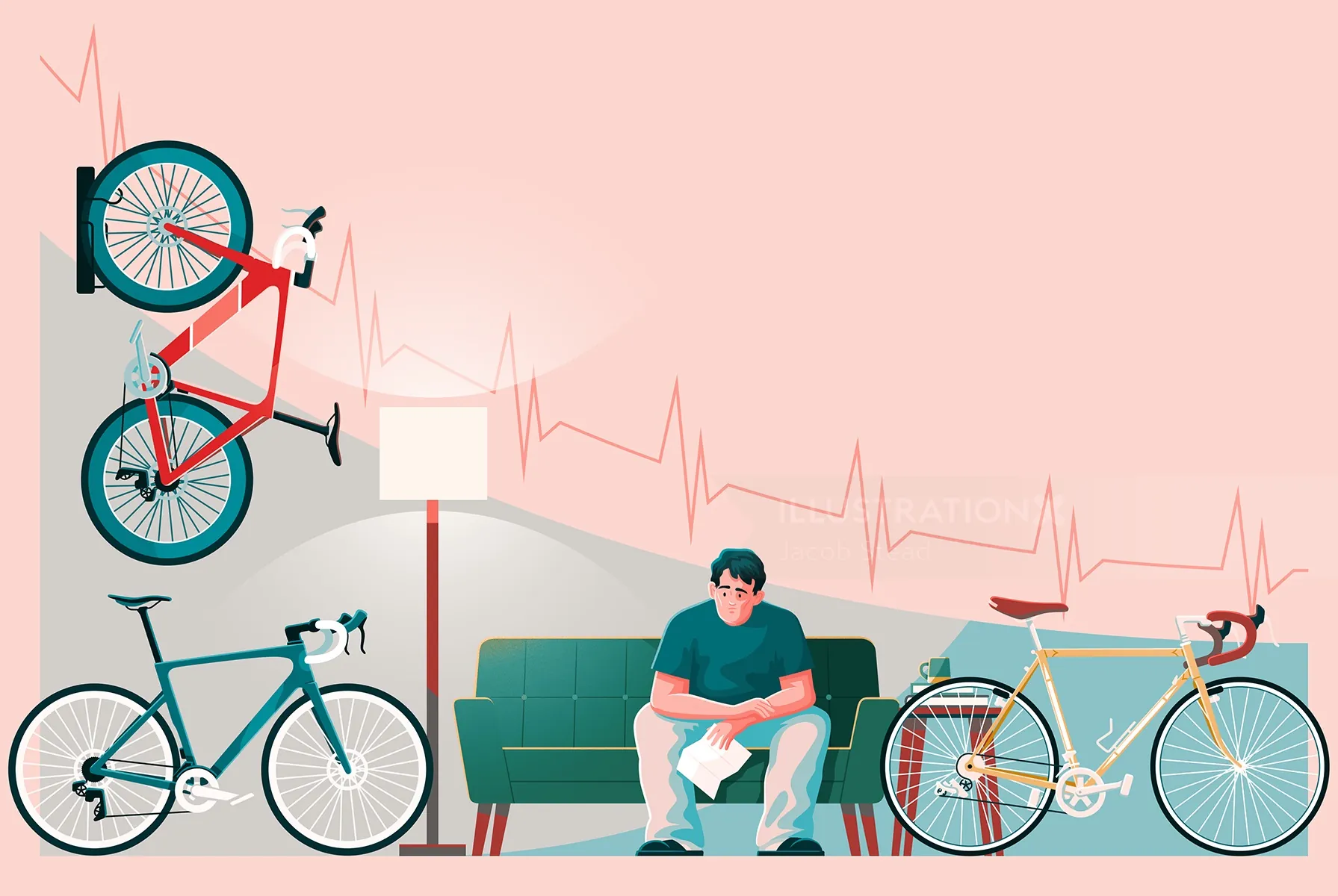 Man sitting on couch surrounded by four bikes with heartbeat line background