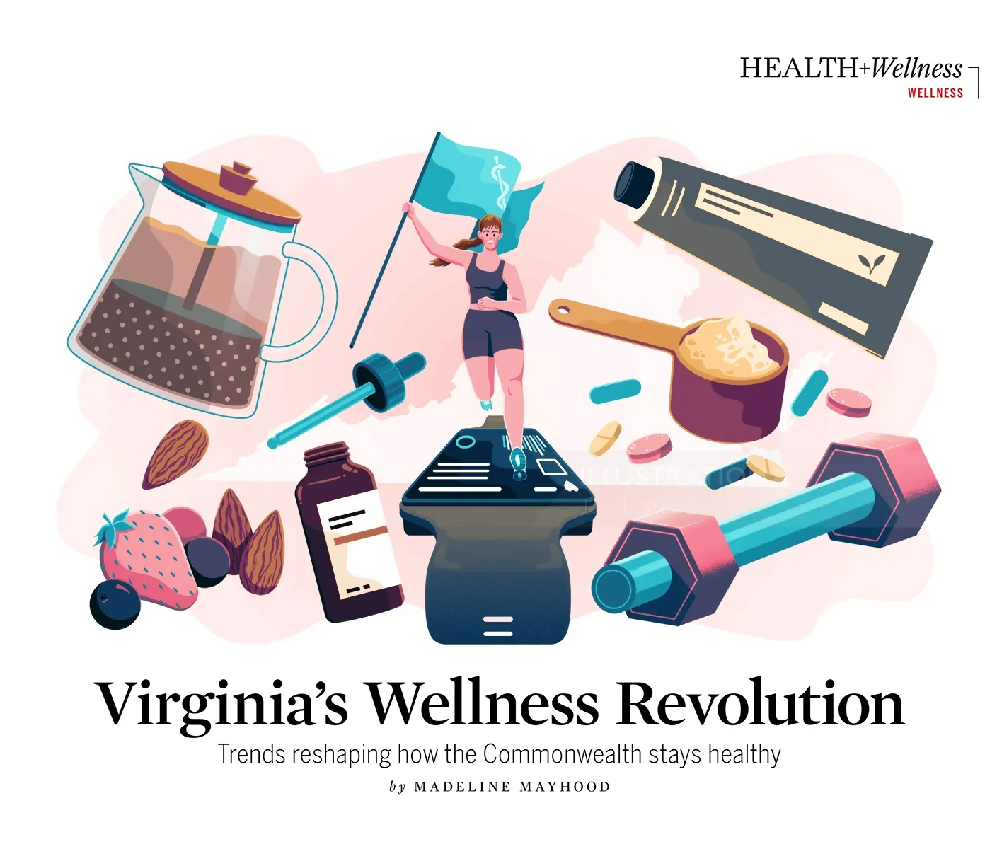 Wellness items like supplements, dumbbell, healthy foods, and fitness tracker