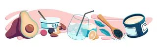 Avocado, yogurt, nuts, water, egg, tea, and coffee cup illustration