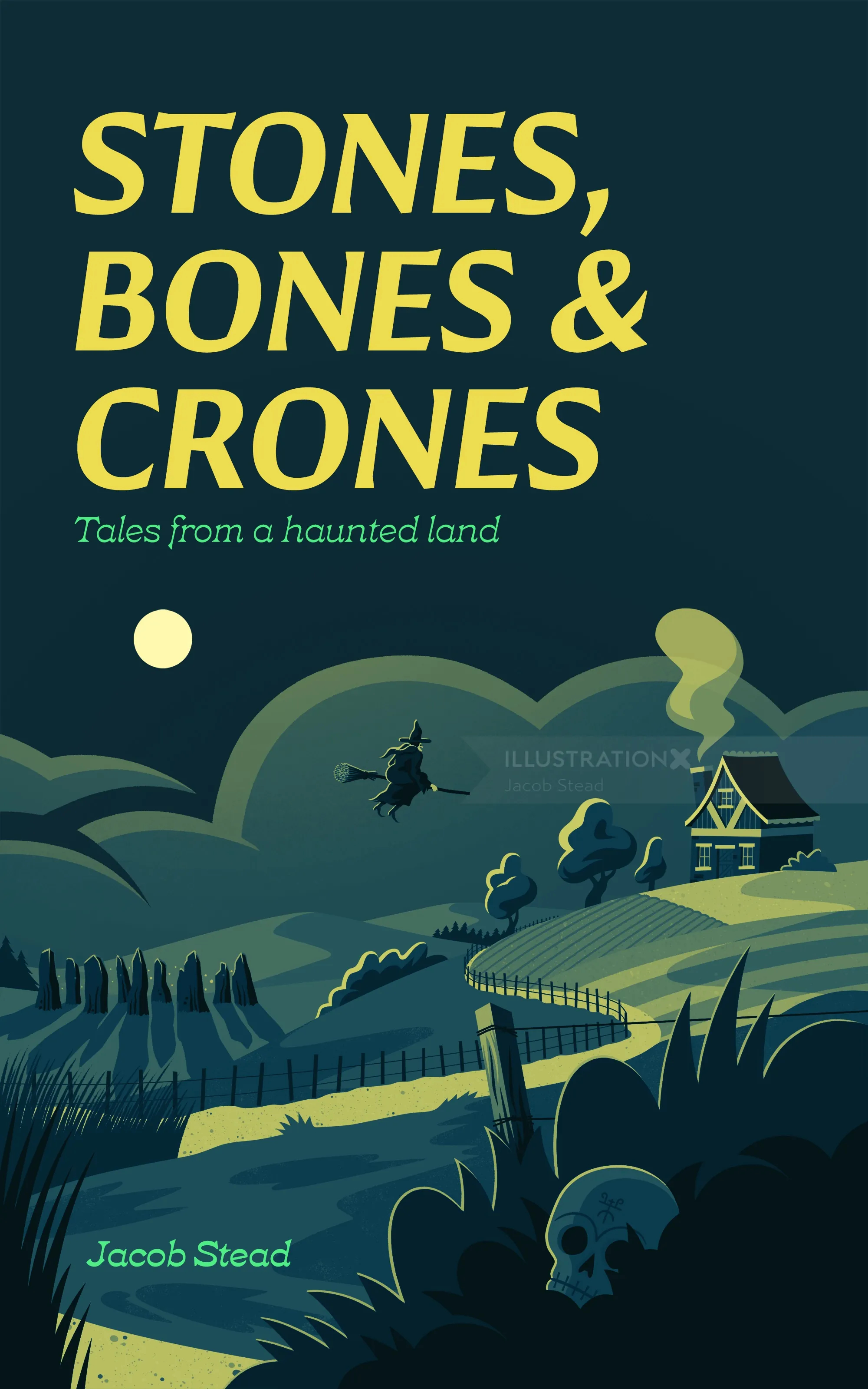 Eerie book cover with moonlit haunted landscape and spooky elements