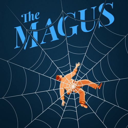 The Magus book cover with man caught in spider web illustration.