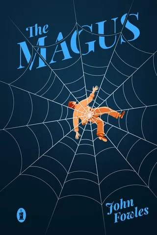 The Magus book cover with man caught in spider web illustration.