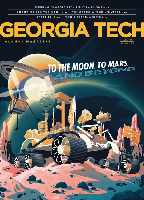 Georgia Tech Alumni Magazine cover with a Mars rover illustration by Jacob Stead
