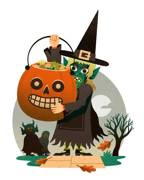 Halloween goblin in witch hat holding pumpkin bucket by Jacob Stead
