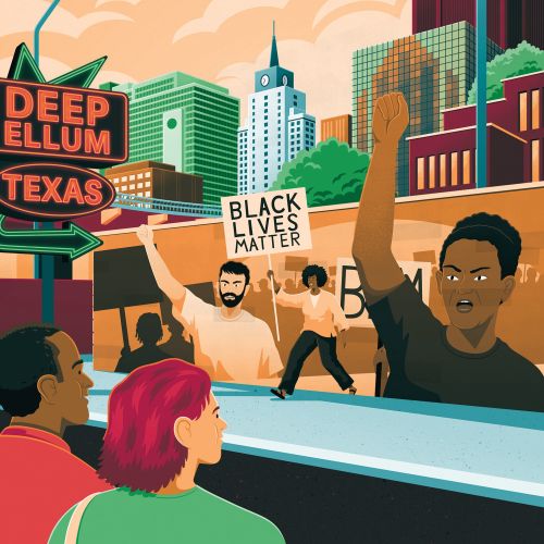 Black Lives Matter protest scene in Deep Ellum with diverse people raising fists, by Jacob Stead
