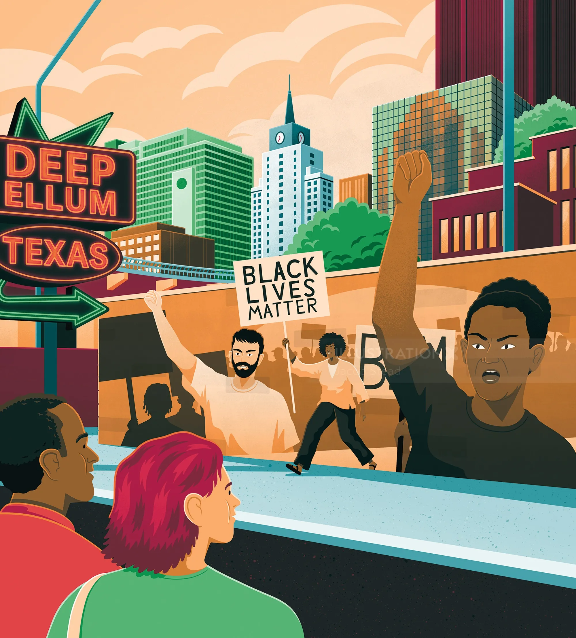 Black Lives Matter protest scene in Deep Ellum with diverse people raising fists, by Jacob Stead