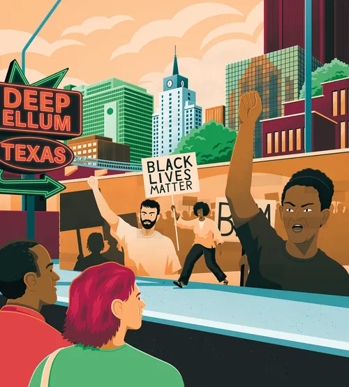 Black Lives Matter protest scene in Deep Ellum with diverse people raising fists, by Jacob Stead