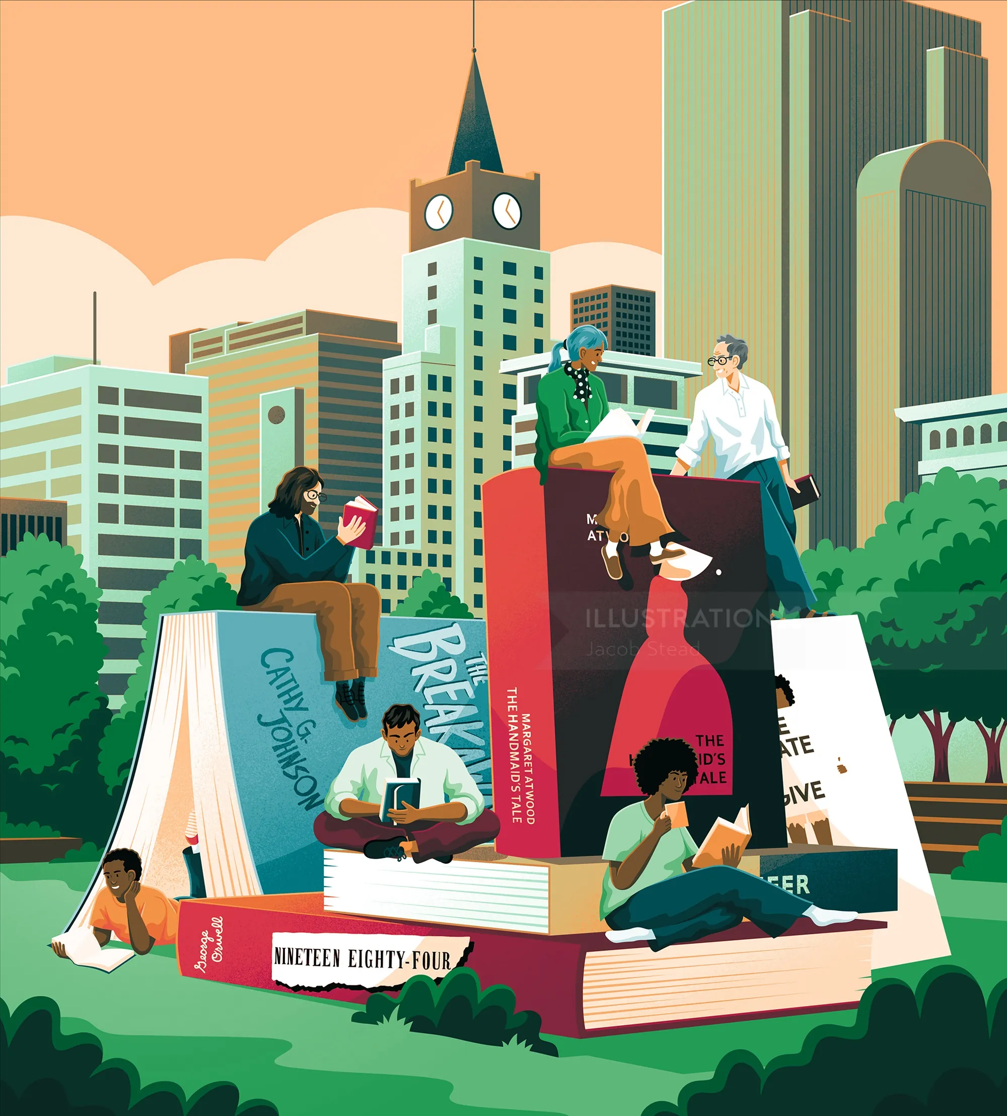 People reading on large books in urban setting by Jacob Stead