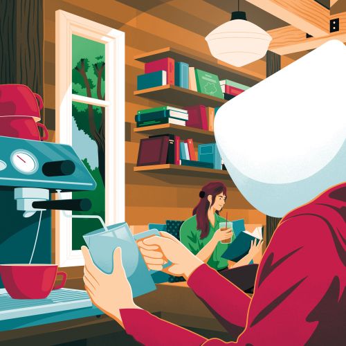 Cozy cafe interior with barista making coffee and a woman reading, artwork by Jacob Stead