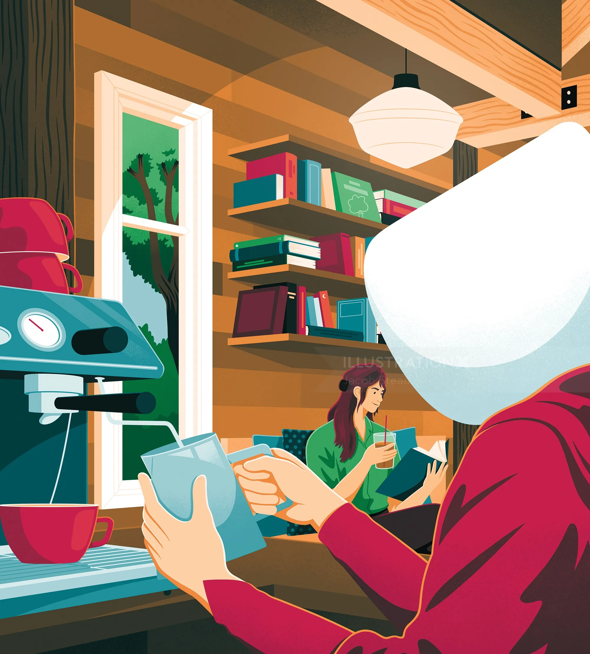 Cozy cafe interior with barista making coffee and a woman reading, artwork by Jacob Stead