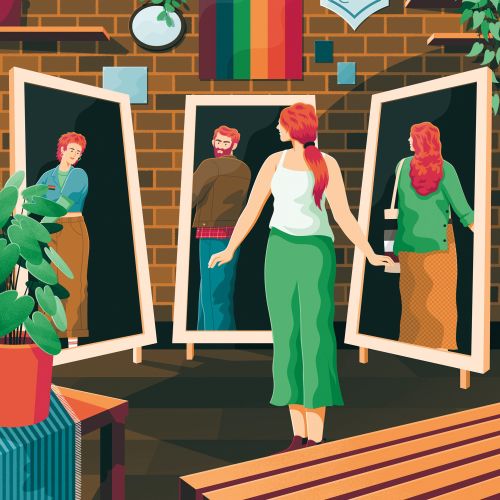 Person looking at reflections in three mirrors indoors by Jacob Stead
