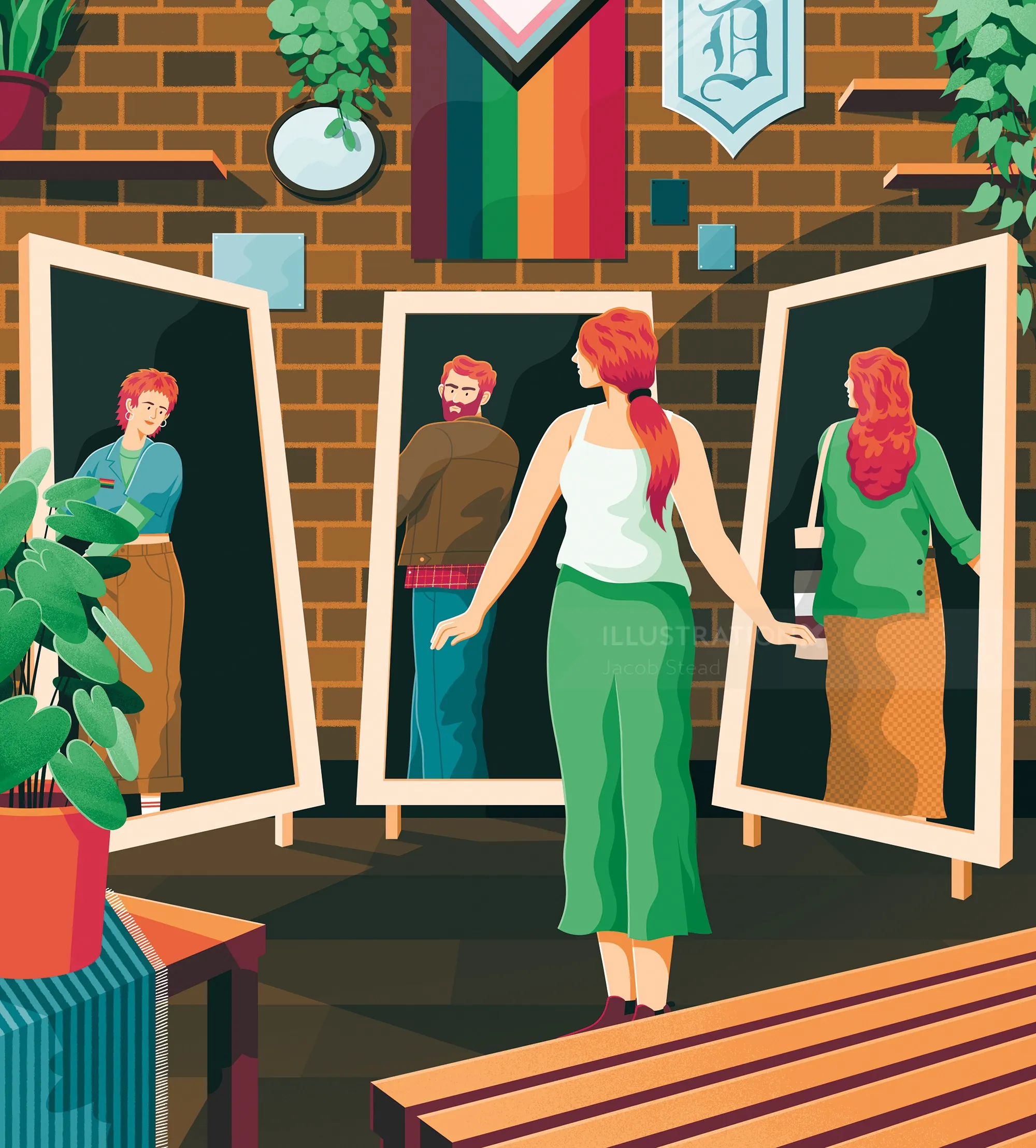 Person looking at reflections in three mirrors indoors by Jacob Stead