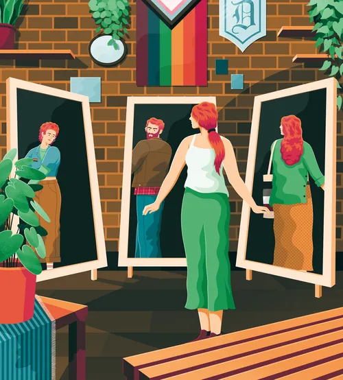 Person looking at reflections in three mirrors indoors by Jacob Stead