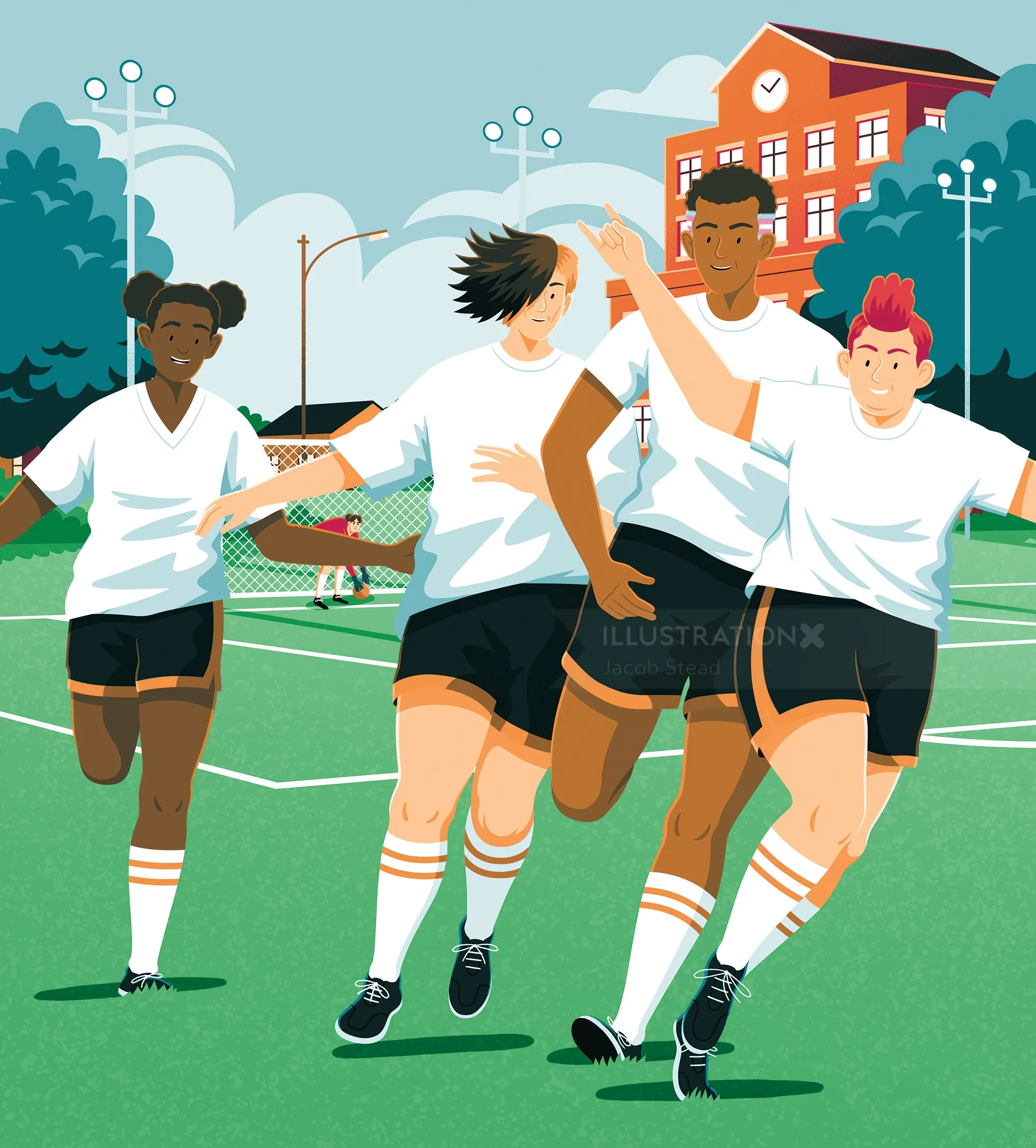 Illustration of teenagers playing soccer near a school by Jacob Stead