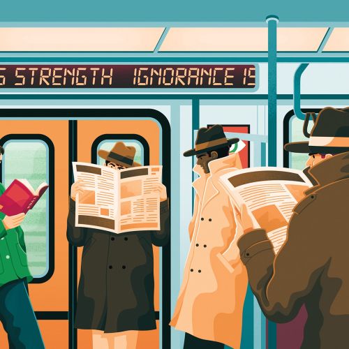 Subway commuters reading newspapers and book with electronic sign by Jacob Stead