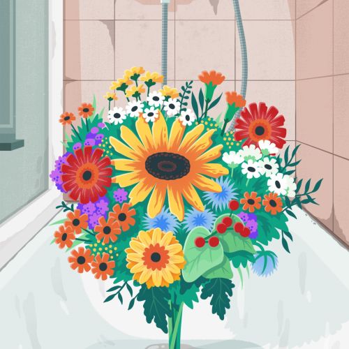 Colorful flower bouquet in a tiled shower by Jacob Stead