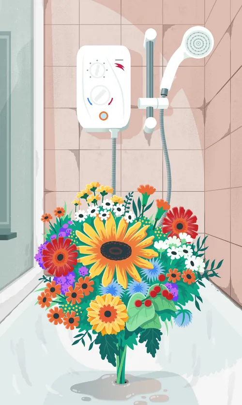 Bunter Blumenstrauß in einer gefliesten Dusche von Jacob Stead