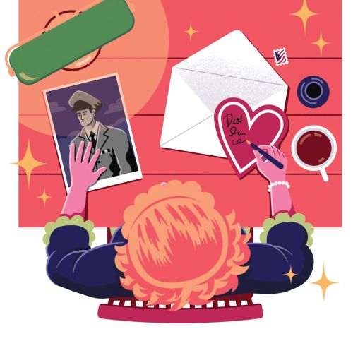 Illustration by Jacob Stead of a red-haired person viewing a love letter collage