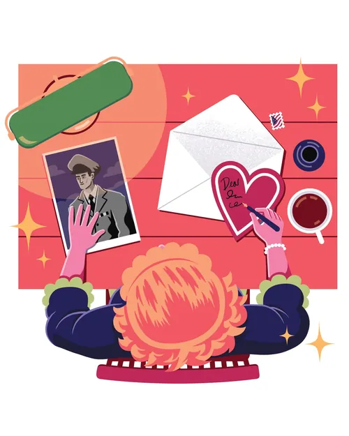 插图由Jacob Stead绘制，描绘了一位红发女子正在欣赏一封情书拼贴画。