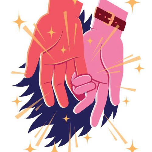 Stylized pink and red hands by Jacob Stead surrounded by sparkles