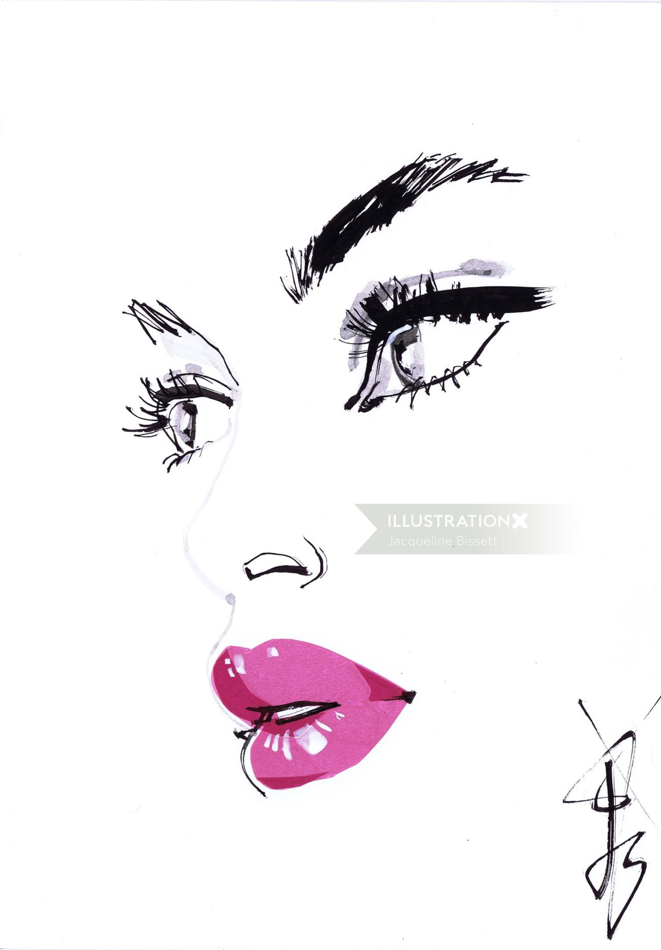 Linha arte design - olhos pretos e lábios cor de rosa