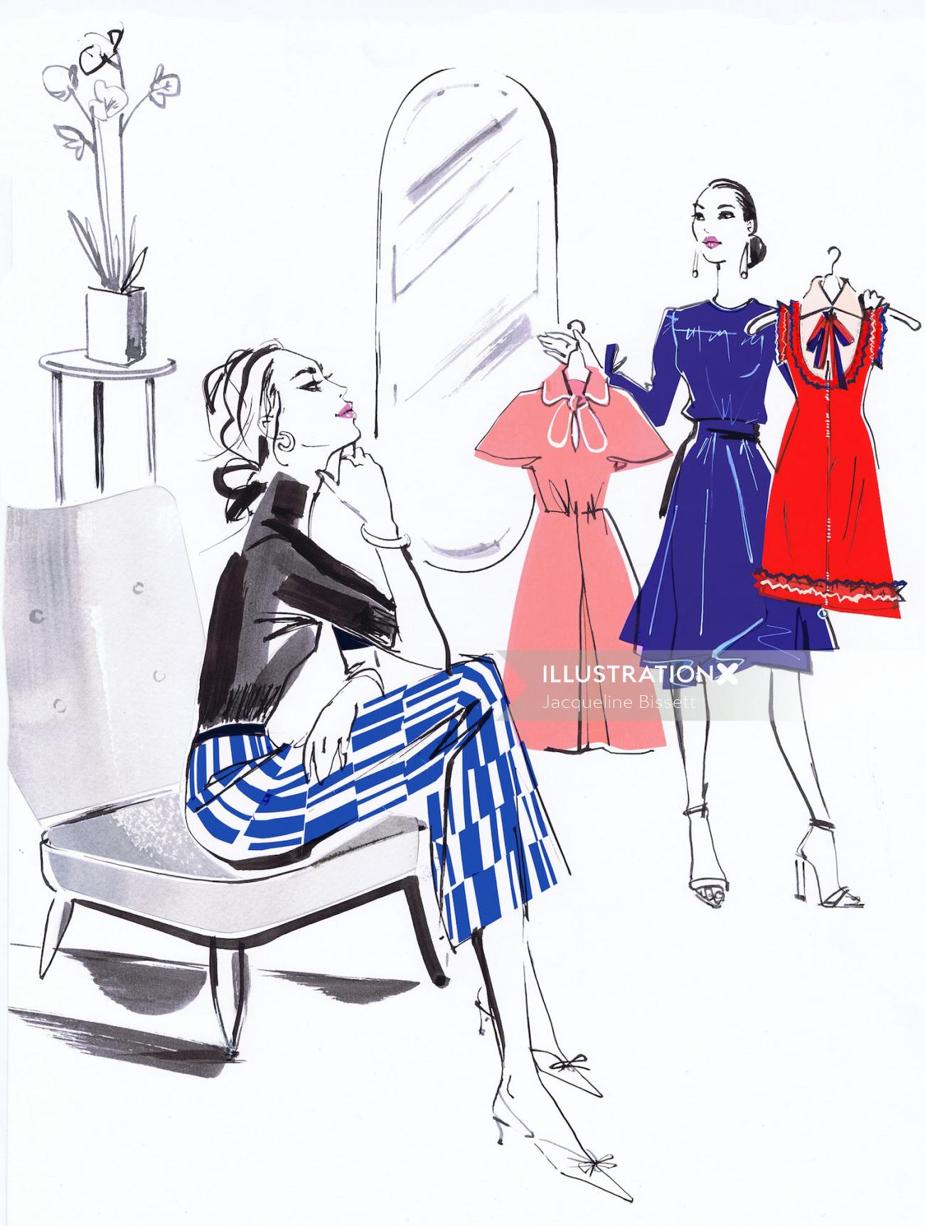 drawing of fashion beauty in boutique
