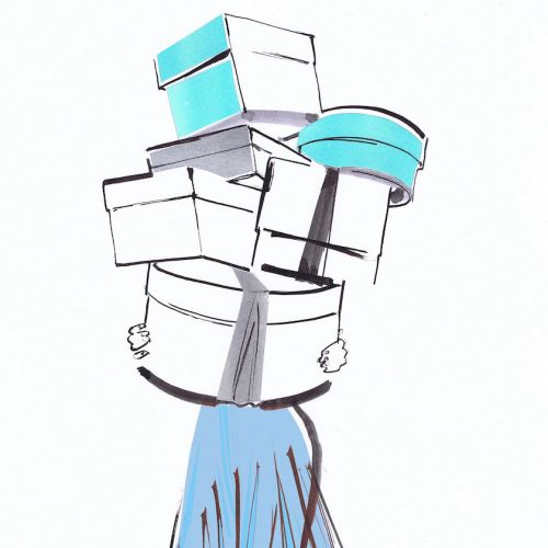 Drawing of woman with boxes
