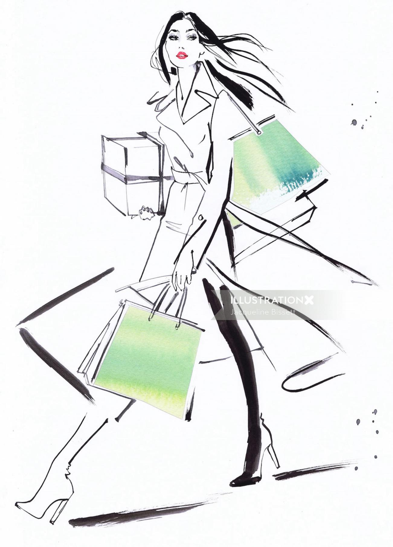 Desenho de mulher caminhando com sacolas de compras Desenho de mulher caminhando com sacolas de compras