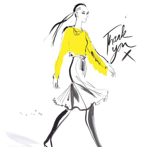 Line drawing of woman with yellow dress
